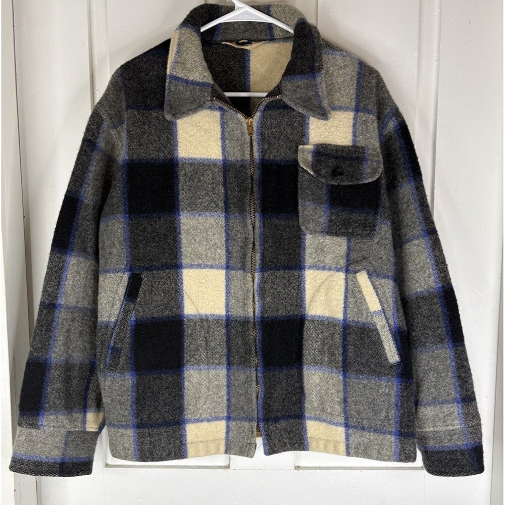 Rare VTG 1950s Woolrich Shadow Check Full Zip Field Hunting Coat Mens 46 XL